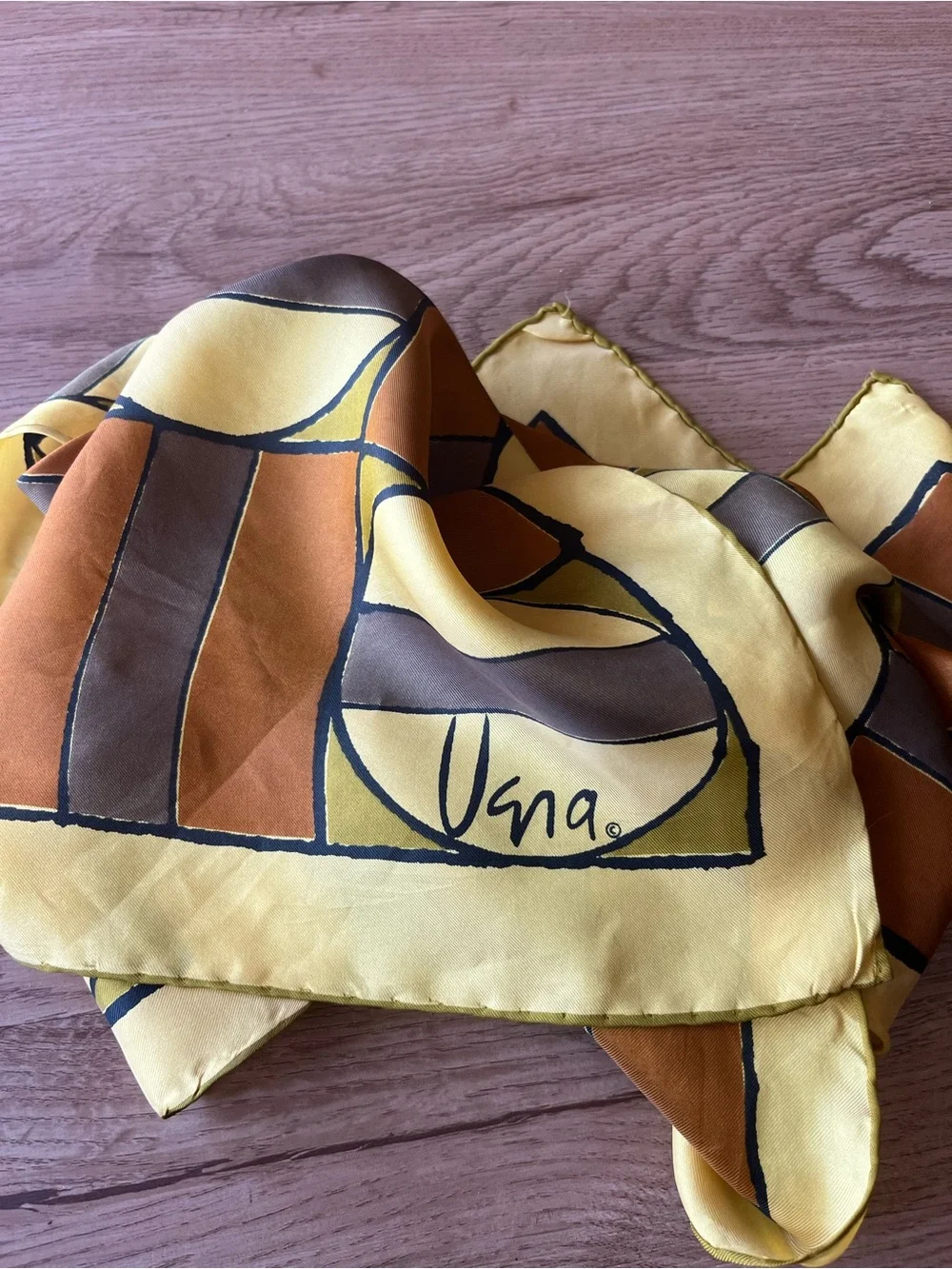 Vera Neumann Silk Vintage Scarf Yellow Geometric Abstract Hand-Rolled Hem 44”